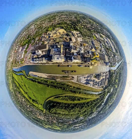 Aerial view, Hamm harbour on the Datteln-Hamm canal with inland waterway, globe, fisheye image, 360