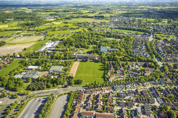 Aerial view, Maximilianpark entrance area and glass elephant, Uentrop, Hamm, Ruhr area, North