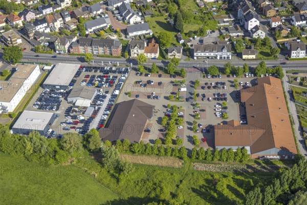 Aerial view, shopping centre with Edeka Weber and Aldi supermarket, Excellence Cars car dealership,
