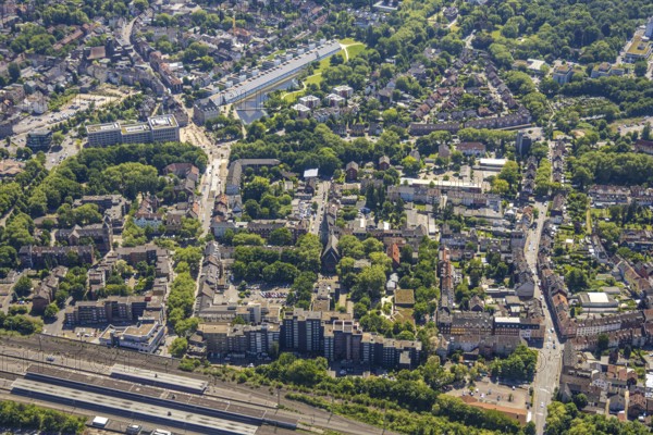 Aerial view, city centre Gelsenkirchen, main station railway tracks, Bochumer Straße and justice