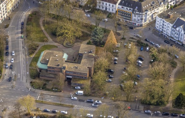 Aerial view, Michaelshaus community centre and meeting place, Urbanus Park and car parks, Buer,