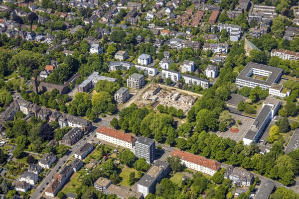 Aerial view, construction site and new apartment blocks on Goldbergstraße, ruins, Buer,