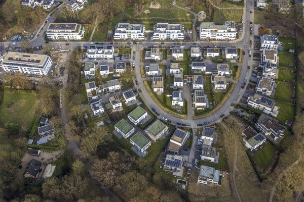 Aerial view, new development area Am Buerschen Waldbogen, Zur Marienkapelle, semi-circular housing