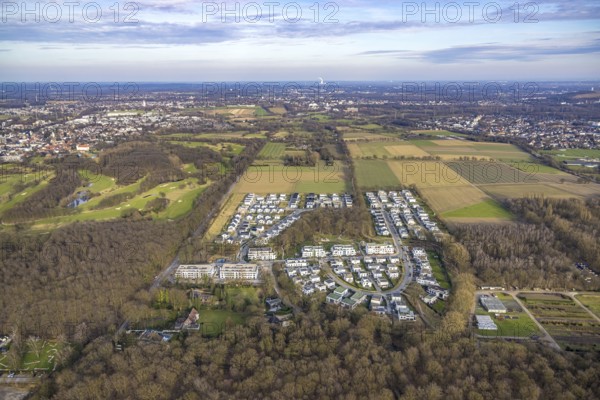 Aerial view, new housing estate Am Buerschen Waldbogen, Zur Marienkapelle, semi-circular housing