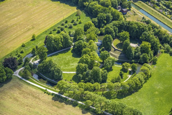 Aerial view, Marker Burghügel, Burg Mark, landmark with moat, Uentrop, Hamm, Ruhr area, North