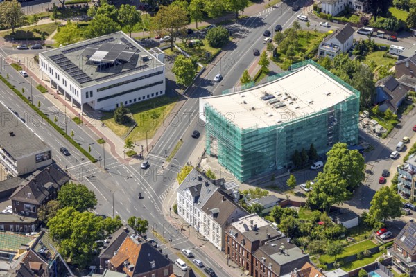 Aerial view, renovation of the municipal music school, construction site with scaffolding and