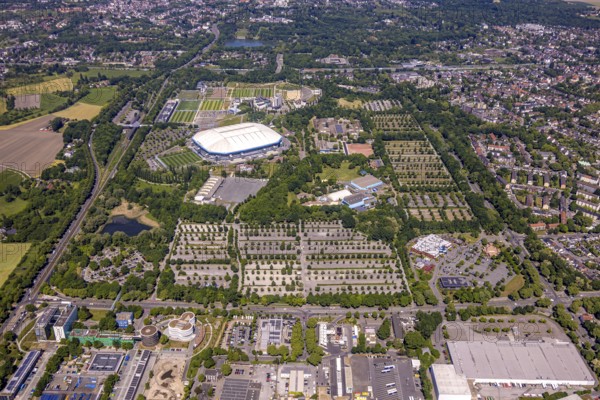 Aerial view, Berger Feld, Schalke Arena Park with Veltins Arena football stadium, Berger Lake in