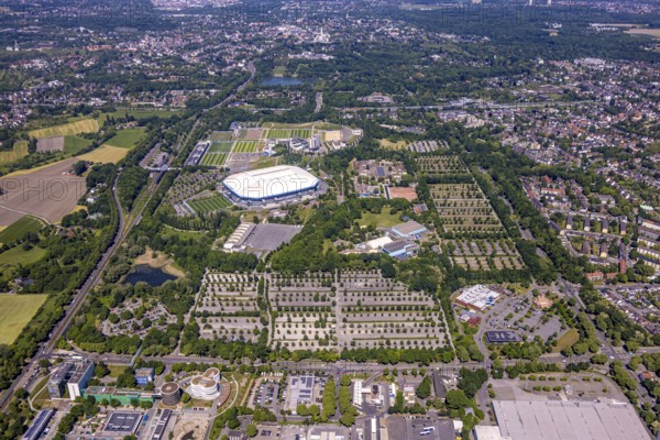 Aerial view, Berger Feld, Schalke Arena Park with Veltins Arena football stadium, Berger Lake in