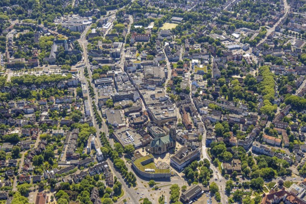 Aerial view, City centre Gelsenkirchen-Buer Hochstraße with cathedral catholic provost church St.