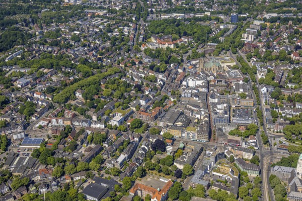 Aerial view, City centre Gelsenkirchen-Buer Hochstraße with cathedral catholic provost church St.