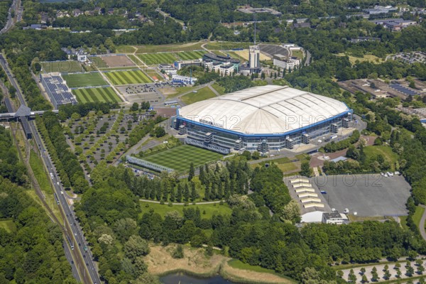 Aerial view, Berger Feld, Schalke Arena Park with Veltins Arena football stadium, Erle,