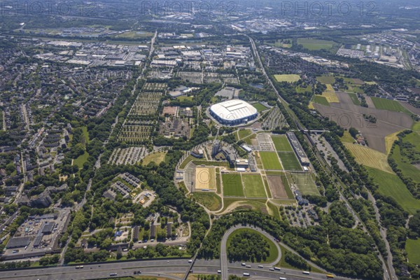 Aerial view, Berger Feld, Schalke Arena Park with Veltins Arena football stadium, Erle,