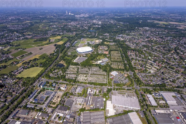Aerial view, Berger Feld, Schalke Arena Park with Veltins Arena football stadium, Berger Lake in