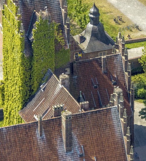 Aerial photo, storks and their nests on the roof of Heessen Castle, stork droppings on the roof,