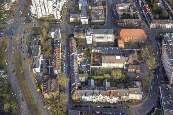 Aerial view, Munckelstraße, former Gelsenkirchen prison and sports field with weathered roofing,