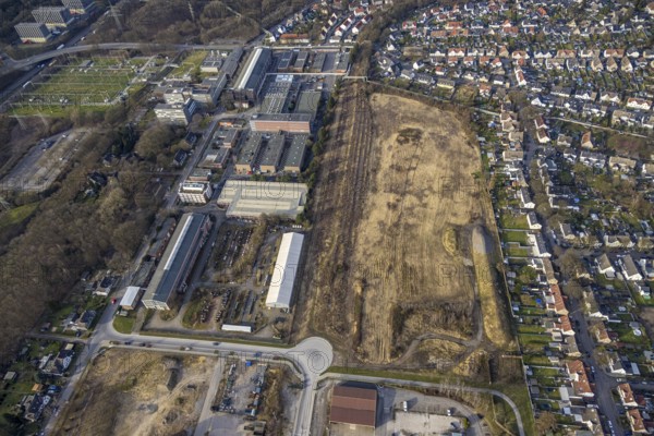 Aerial view, large brownfield site of the former Bergmannsglück colliery in the garden city of