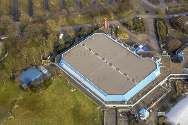 Aerial view, Emscher-Lippe-Halle at Berger Feld and next to the Bundesliga stadium Veltins-Arena of
