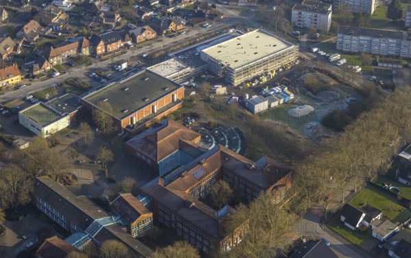Aerial view, construction site of the triple gymnasium at Sophie-Scholl-Gesamtschule,