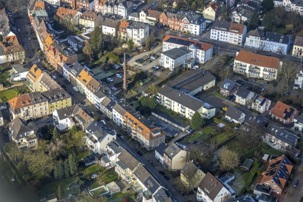 Aerial view, residential area with apartment blocks on Kentroper Weg, Sundermann chimney, bar