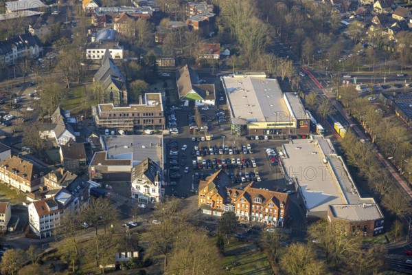 Aerial view, Herringer Markt shopping centre with building site, Edeka supermarket and Aldi