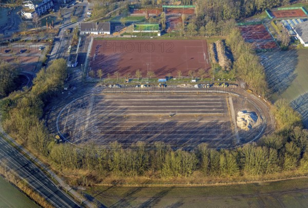Aerial view, Selbachpark, sports field football stadium 1. FC Pelkum e.V. and tennis courts,
