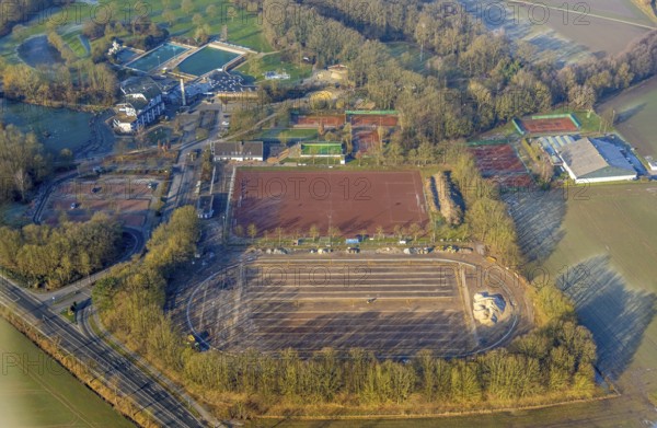 Aerial view, Selbachpark, sports field football stadium 1. FC Pelkum e.V. and tennis courts,