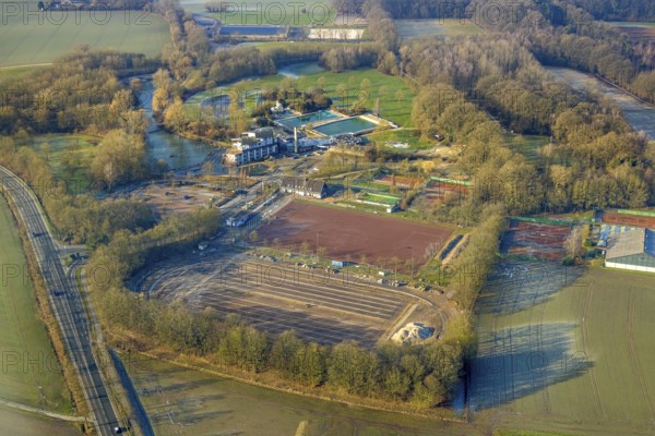 Aerial view, Selbachpark, sports field football stadium 1. FC Pelkum e.V. and tennis courts,