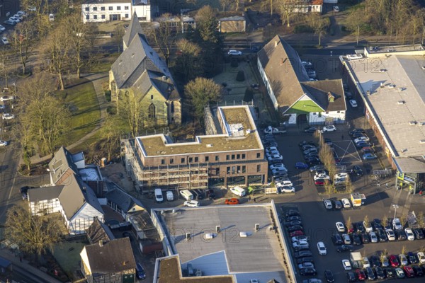 Aerial view, Herringer Markt shopping centre with building site, St. Victor's Church, Herringen