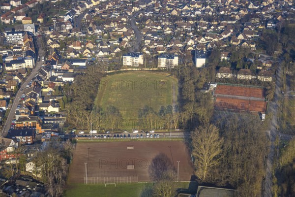Aerial view, Glück-Auf-Stadion (Glückaufstadion) football stadium and tennis courts, sports