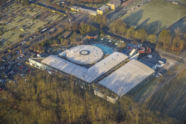 Aerial view, Maximare adventure pool with indoor and outdoor pools, slides, aqua fitness