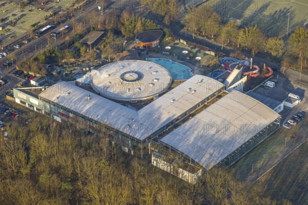 Aerial view, Maximare adventure pool with indoor and outdoor pools, slides, aqua fitness