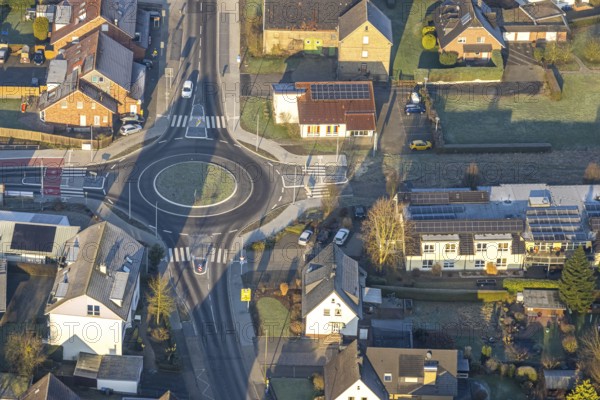 Aerial view, construction site roundabout at the planned local transport connection with stop in