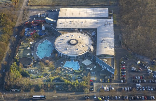 Aerial view, Maximare adventure pool with indoor and outdoor pools, slides, aqua fitness