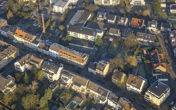 Aerial view, residential area with apartment blocks at Kentroper Weg 20-40, Sundermann chimney,