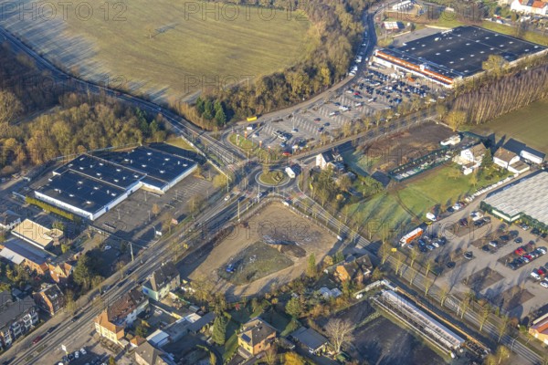 Aerial view, Münsterstraße federal road B63 at Sachsenring roundabout, former Praktiker DIY store