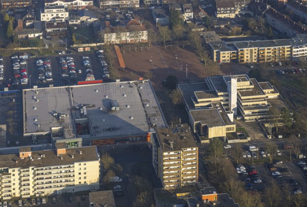 Aerial view, Höveler Markt market square and terraced town hall citizens' office, on the left the