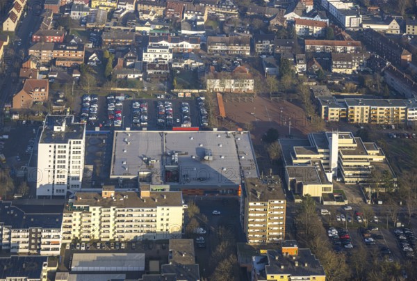 Aerial view, Höveler Markt market square and terraced town hall citizens' office, on the left the