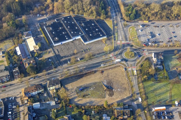 Aerial view, Münsterstraße Bundesstraße B63 at the Sachsenring roundabout, former Praktiker DIY