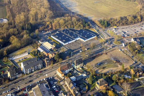 Aerial view, Münsterstraße Bundesstraße B63 at the Sachsenring roundabout, former Praktiker DIY