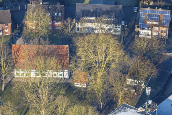 Aerial view, Brokhof half-timbered house, old farmhouse as event venue and cultural centre, Heessen