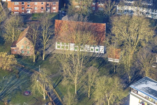 Aerial view, Brokhof half-timbered house, old farmhouse as event venue and cultural centre, Heessen