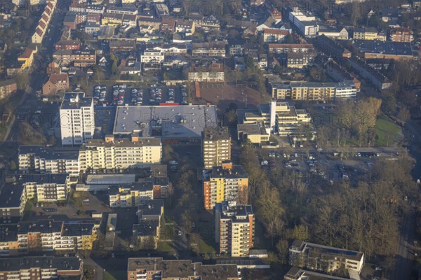 Aerial view, Höveler Markt market square and terraced town hall citizens' office, on the left the