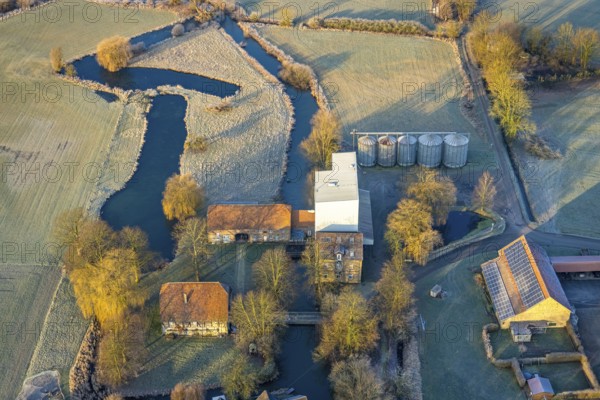Aerial view, farm Schwannemühle at the river Ahse, wintry landscape, village Welver, Dinker,