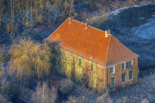 Aerial view, Haus Hohenover, historical landmark with plant growth on the house wall and red roof