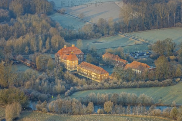 Aerial view, Schloss Oberwerries moated castle in the Lippe floodplains, educational centre and