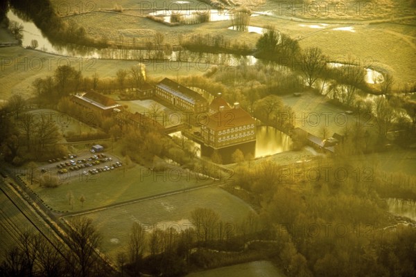 Aerial view, Schloss Oberwerries moated castle in the Lippe floodplains, educational centre and