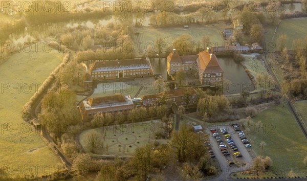 Aerial view, Schloss Oberwerries moated castle in the Lippe floodplains, educational centre and