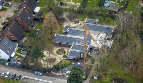 Aerial view, Arche Noah Herringen day care centre construction site, Herringen district, Hamm, Ruhr