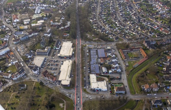 Aerial view, Dortmunder Straße shopping centre with DM, Rewe, Aldi and Edeka supermarket, St.