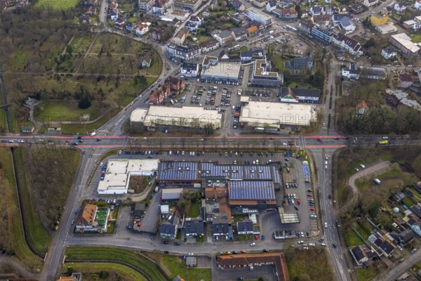 Aerial view, Dortmunder Straße shopping centre with DM, Rewe, Aldi and Edeka supermarket, St.
